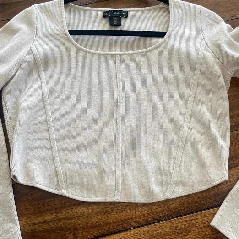House of Harlow corset ribbed long sleeve scoop cropped beige knit sweater sz L - Picture 13 of 14